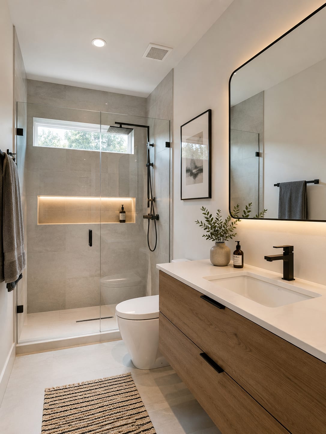 Modern bathroom remodel with walk-in shower by Bright Future Homes