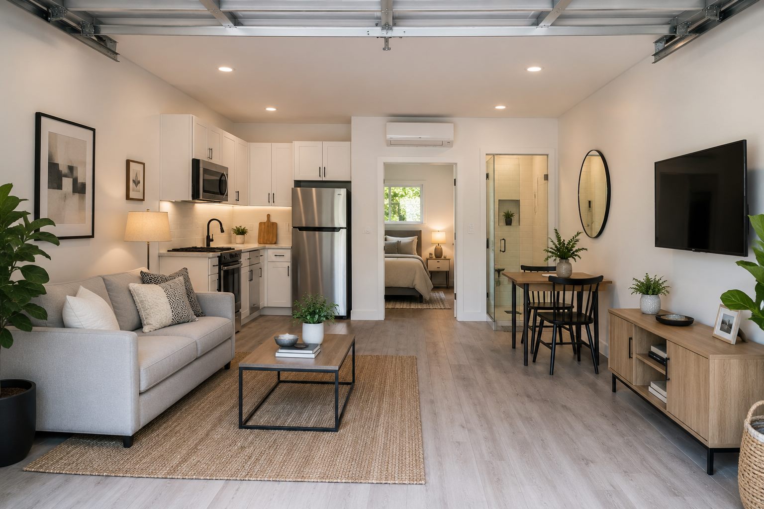 Garage converted into a modern ADU with kitchen, living room and bedroom by Bright Future Homes