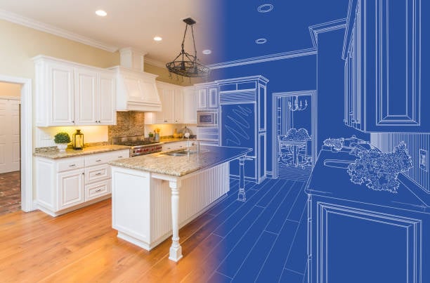 kitchen blueprint drawing gradating into finished build.
